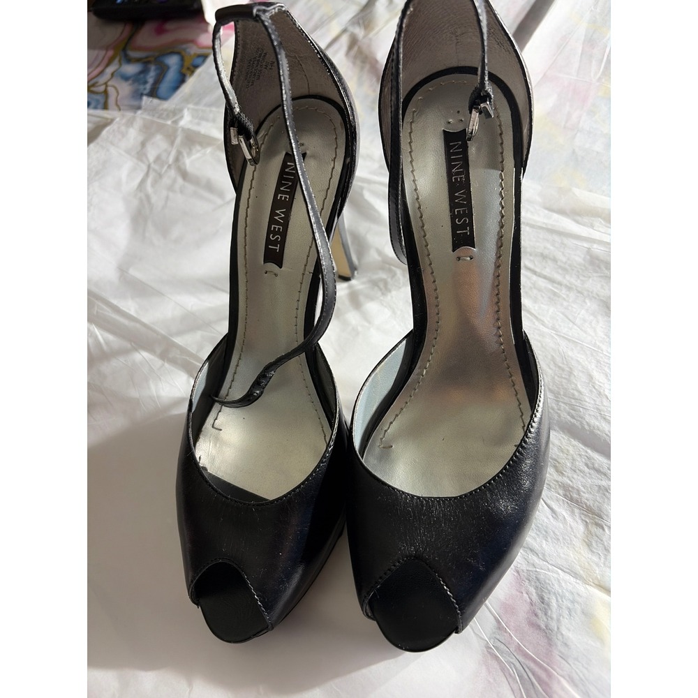 Nine West NWALEENA Black Leather Peep Toe Ankle Strap Stiletto Heels 8.5M